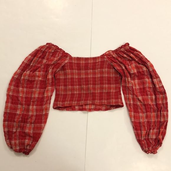 Free People L Top Red Plaid Ruffle Bustier Smocking Very Stretchy Excellent - Picture 8 of 10